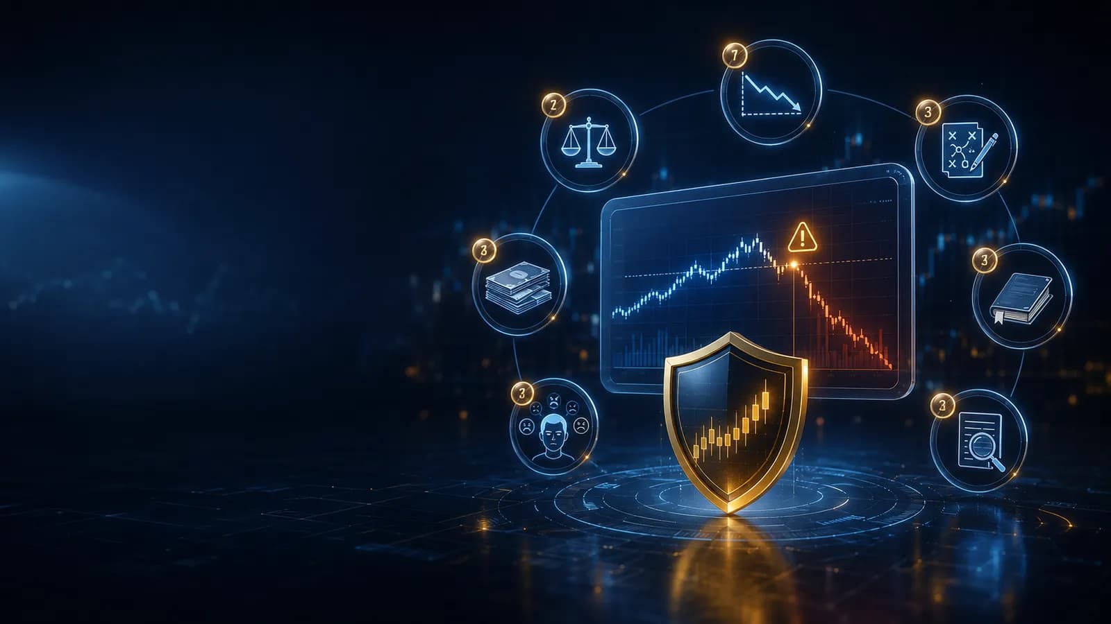 A trader reviewing a risk-management plan at a trading screen, next to a list of the top mistakes that can cost a funded account after passing the challenge.
