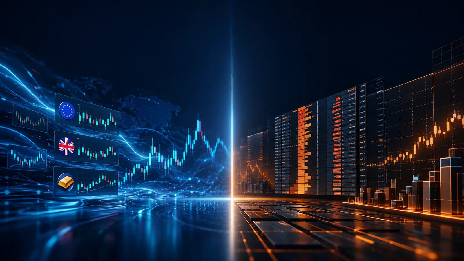 Side-by-side comparison of forex prop firms and futures prop firms showing trading screens, charts, and market structures for both models.