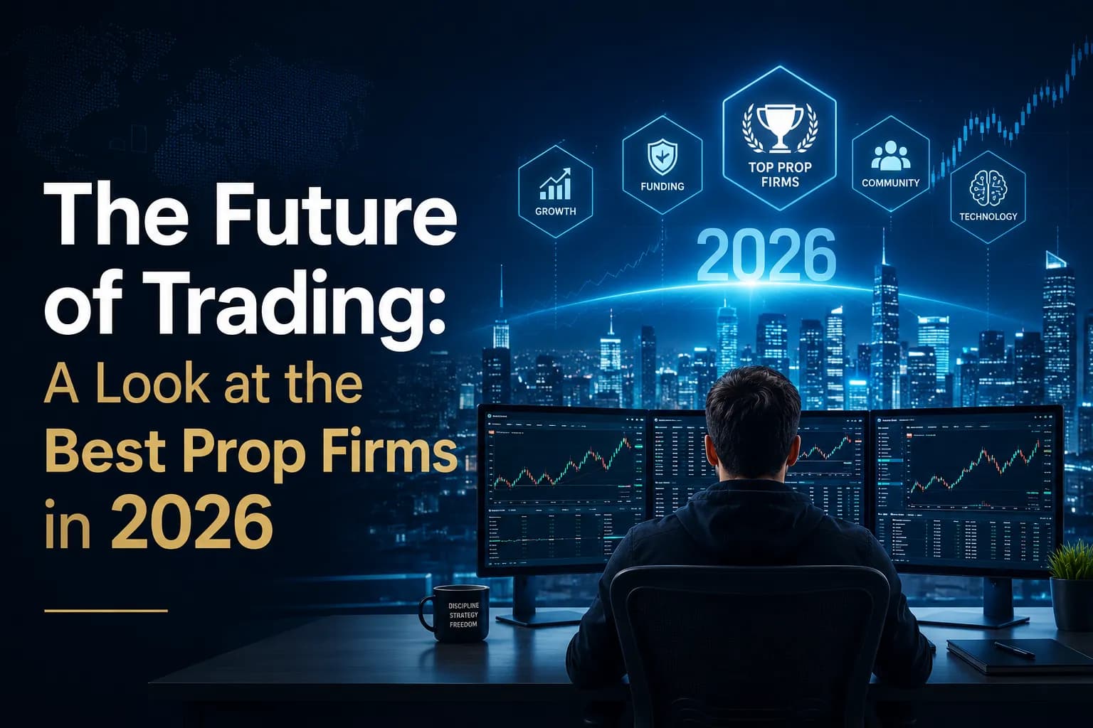 A professional trader monitoring Futures Trading screens with charts and AI technology inside a modern Prop Firm environment.