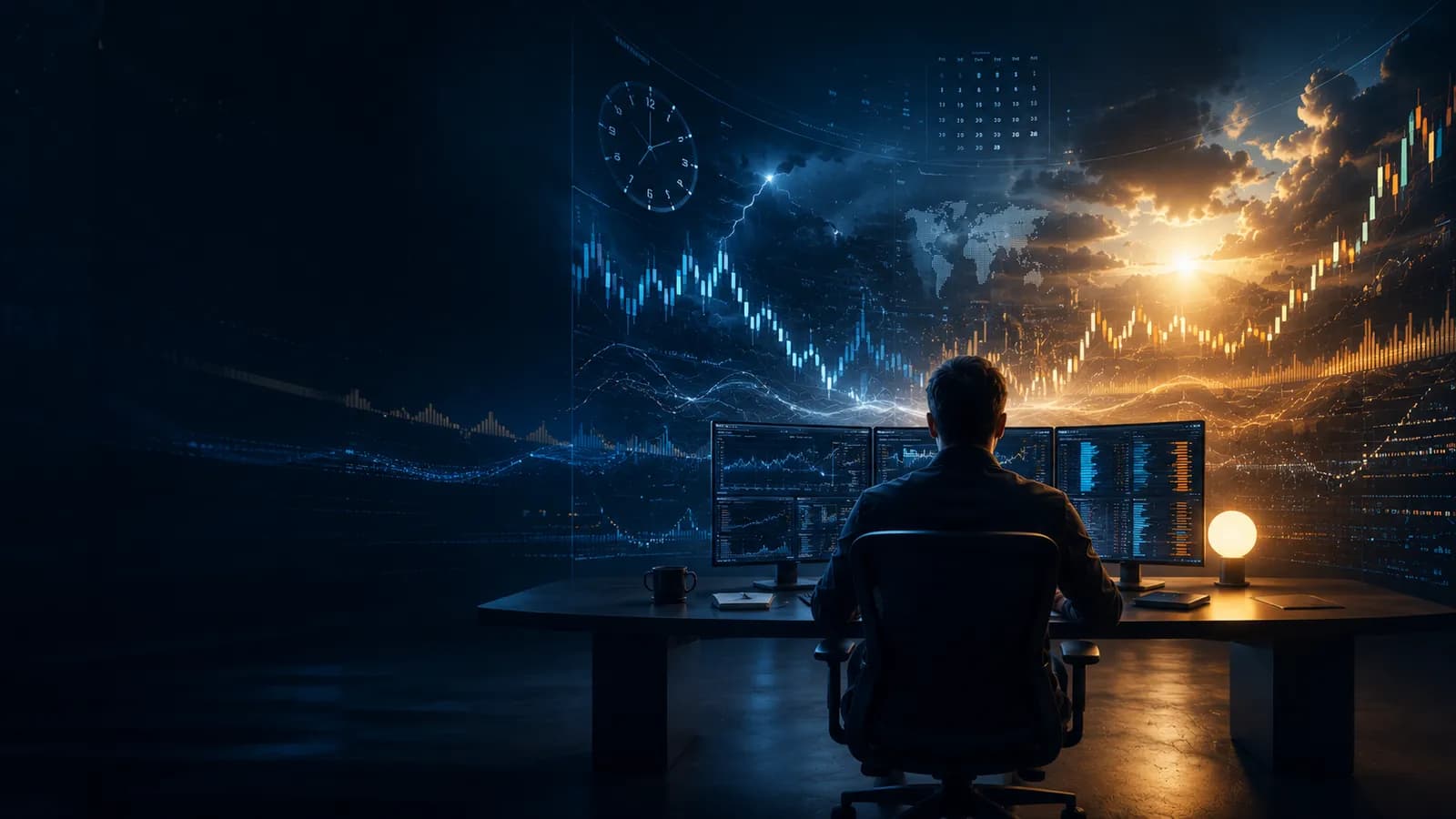 A trader monitoring market volatility and charts inside a professional funded-trading environment.