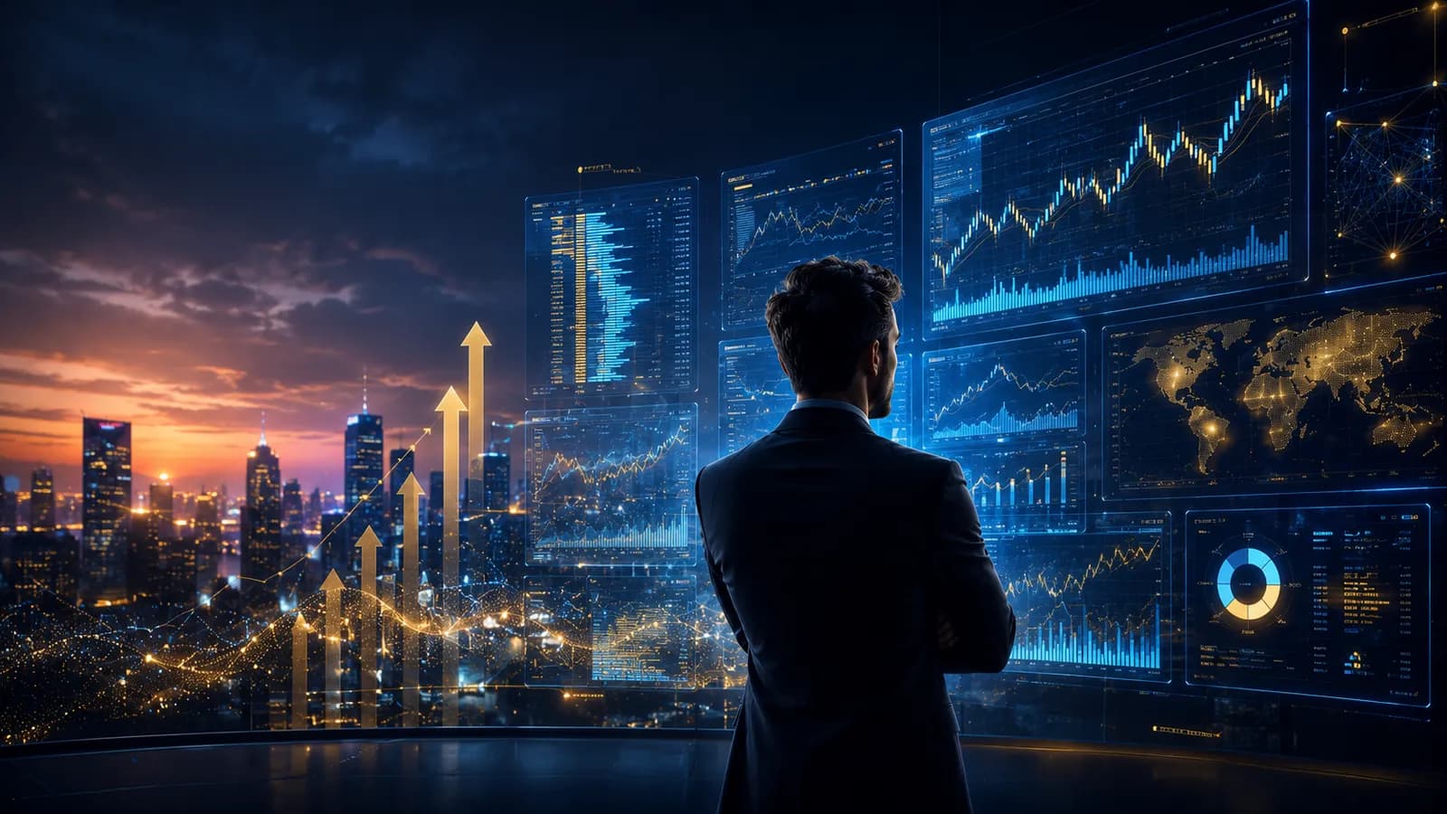 A professional trader at Futures Trading screens inside a funded-trading environment, with charts and advanced financial analytics.